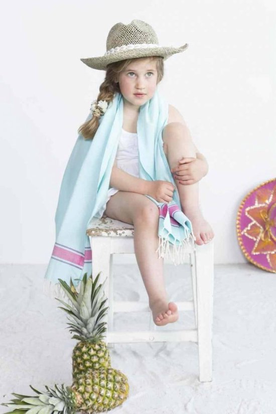 Kids Hamamdoek Light Blue Pink - 140x70cm - dun kinder strandlaken - sneldrogende handdoeken - saunadoek - kleine hamamdoek - reishanddoek - zwem handdoek