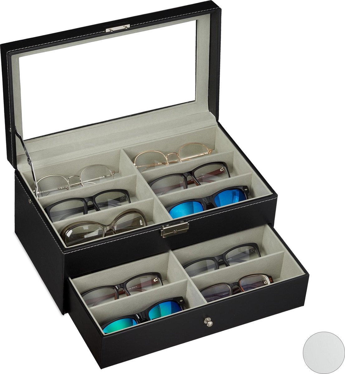 Relaxdays brillendoos voor 12 brillen - brillen opbergdoos - brillen display - met lade - zwart