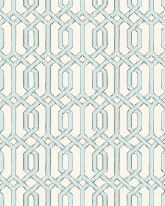 Grafisch behang Profhome BA220013-DI vliesbehang hardvinyl warmdruk in reliëf gestempeld met grafisch patroon en metalen accenten ivoor pastelturquoise zilver 5,33 m2