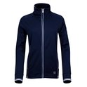 Donkerblauw trainingsjack voor dames met witte biezen langs de rits, zijkanten en mouwen. De jas heeft een hoge kraag en een logo op de mouw en heup.