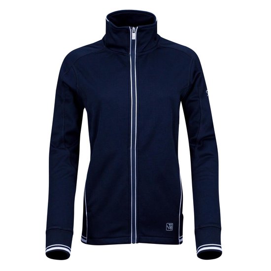 Donkerblauw trainingsjack voor dames met witte biezen langs de rits, zijkanten en mouwen. De jas heeft een hoge kraag en een logo op de mouw en heup.
