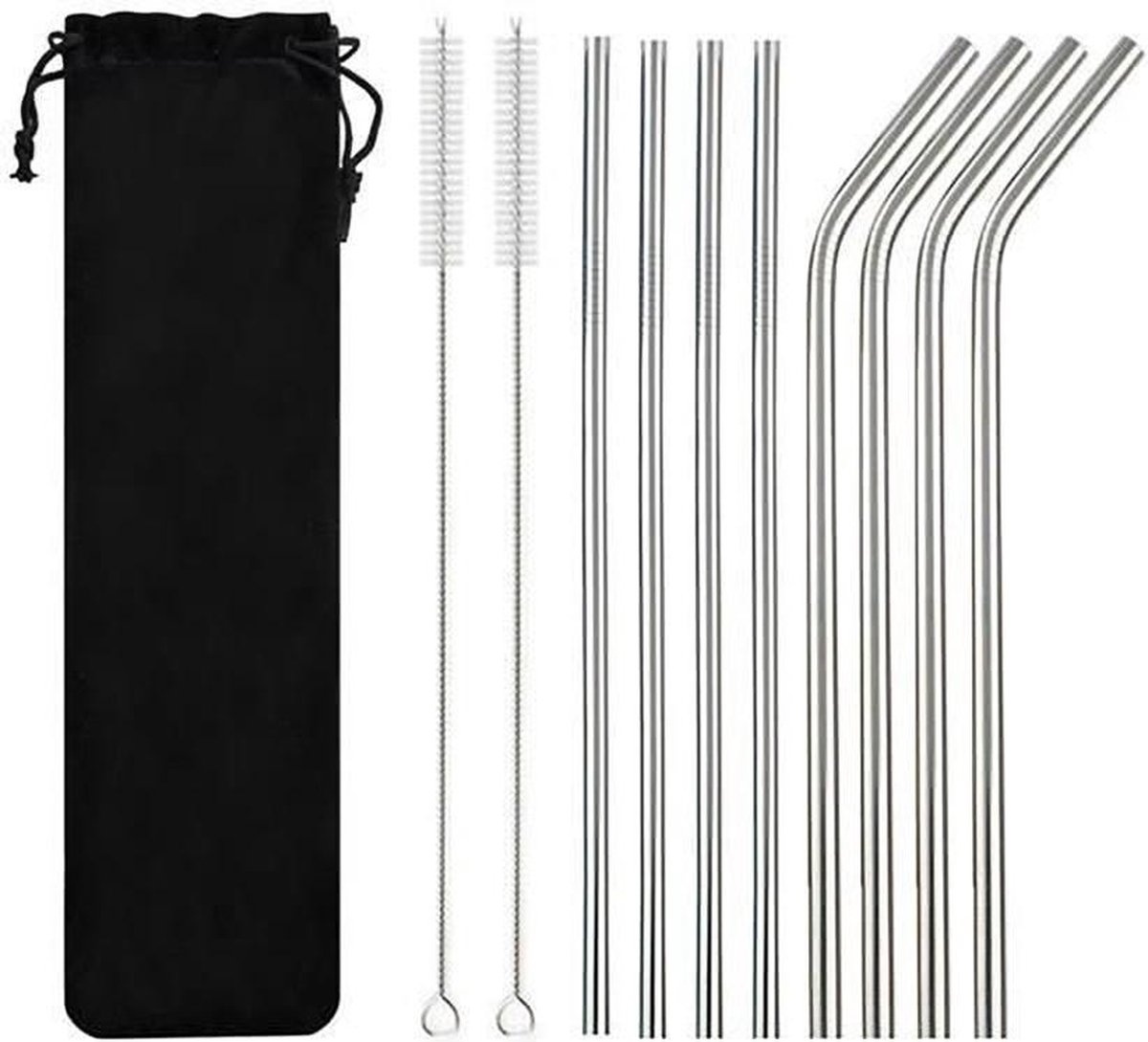 RVS rietjes - Cocktail rietje - Smoothy rietje - Set van 4 rechte en 4 gebogen herbruikbare rietjes - 21,5 cm - Duurzaam en stijlvol - Incl. schoonmaakborstels en bewaarzakje