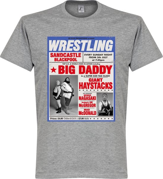 Foto: Big daddy vs giant haystack wrestling poster t shirt grijs xxl
