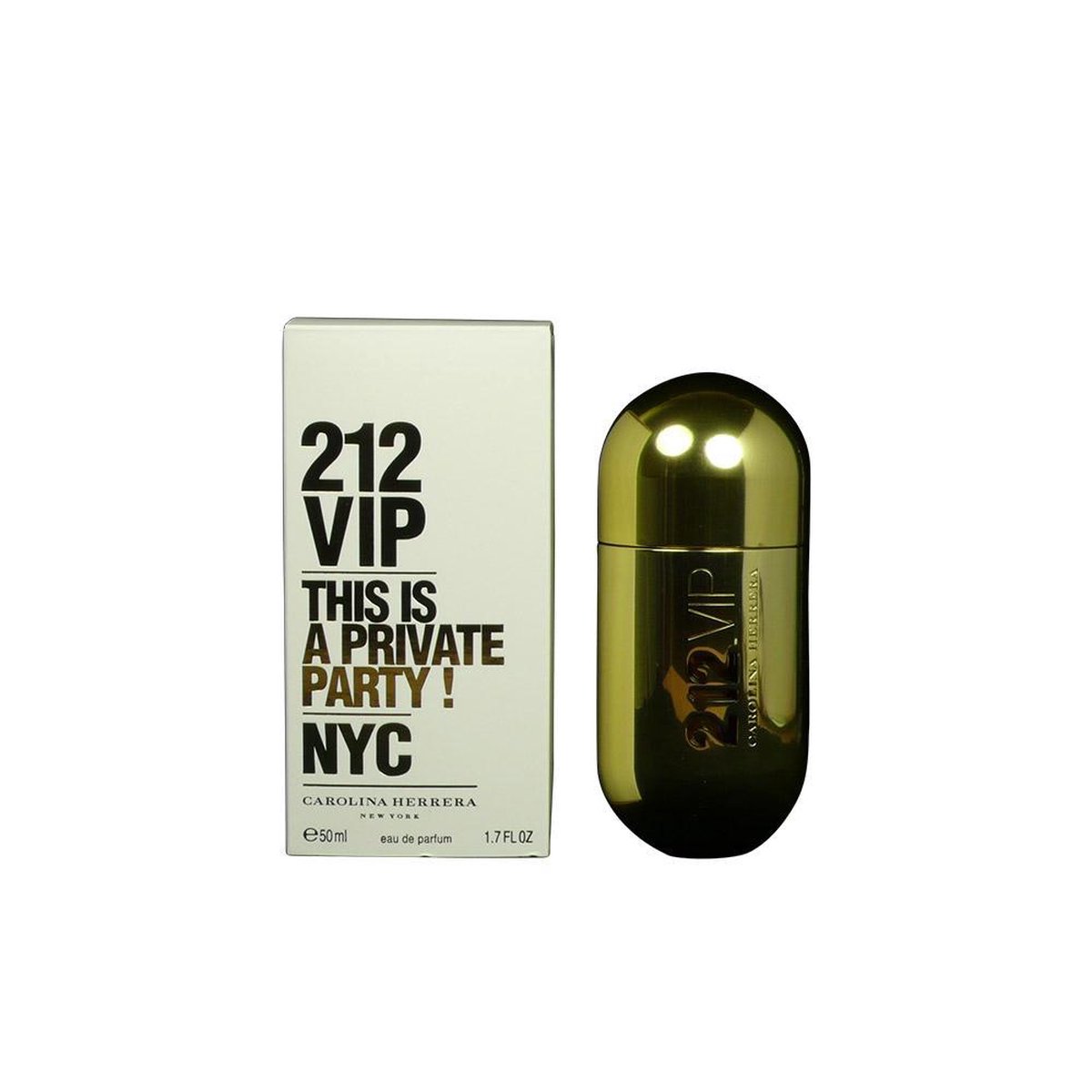 Witte doos met gouden tekst 212 VIP THIS IS A PRIVATE PARTY! NYC naast een lichtgroene parfumfles.