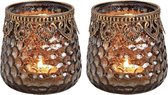 2x Waxinelichthouders/theelichthouders gerookt glas met metalen rand 9 x 9 cm - Glazen kaarsenhouders - Woondecoraties