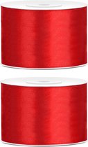 2x Hobby/decoratie rood satijnen sierlinten 5 cm/50 mm x 25 meter - Cadeaulint satijnlint/ribbon - Rode linten - Hobbymateriaal benodigdheden - Verpakkingsmaterialen