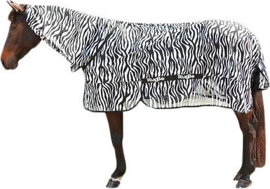 Vliegendeken voor Paarden met nekdeel - 1.54 kg - Totale lengte 175 cm - Mesh en Zacht Polyester - Elastische Beenbanden - Zebraprint