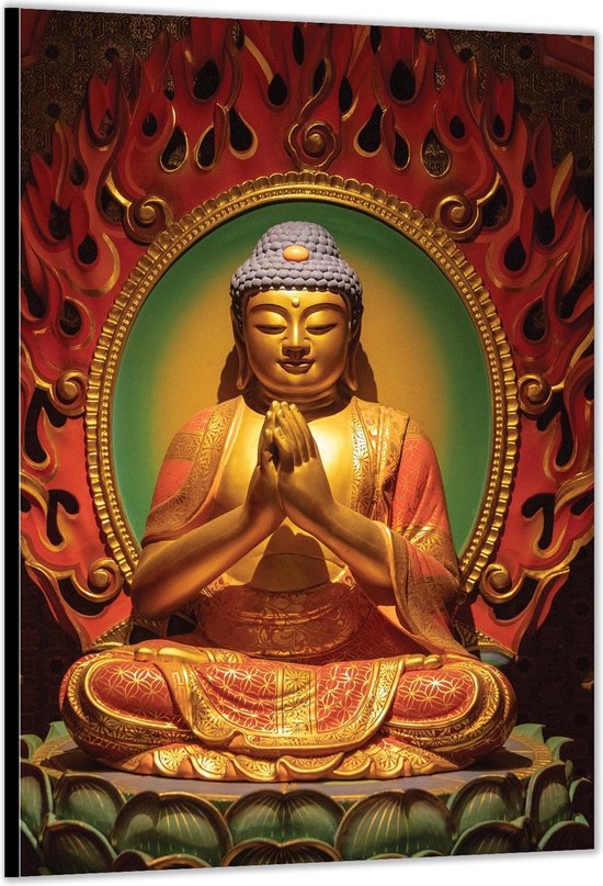 Dibond –Gouden Boeddha Beeld– 60x90cm Foto op Aluminium (Met Ophangsysteem)