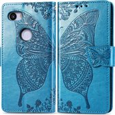 Butterfly Love Flowers reliÃ«f horizontale flip lederen tas voor Google Pixel 3A XL, met houder & kaartsleuven & portemonnee & lanyard (blauw)