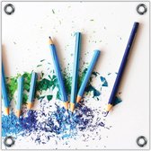 Tuinposter –Blauwe Geslepen Potloden – 100x100 Foto op Tuinposter (wanddecoratie voor buiten en binnen)