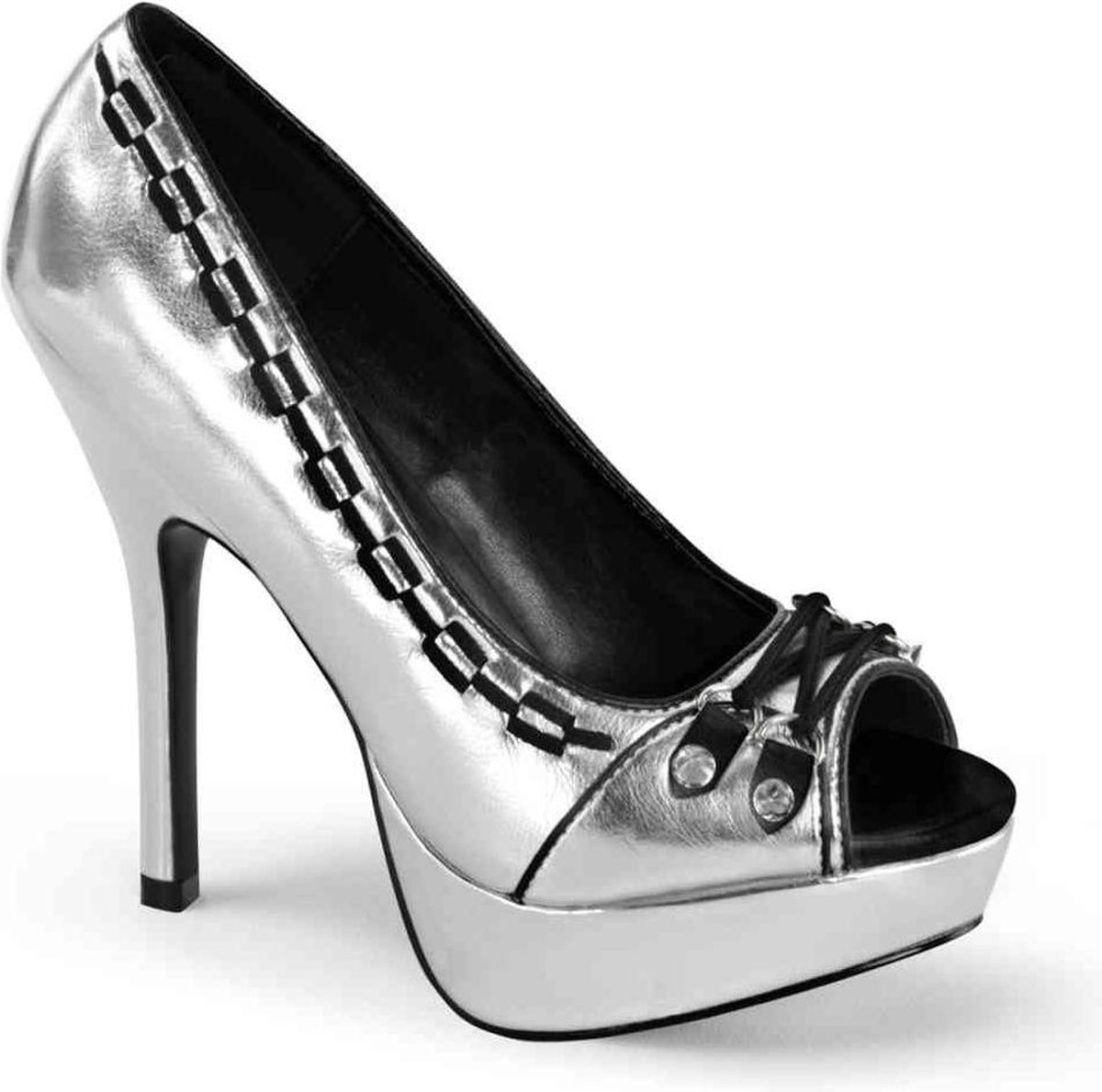 Demonia Pixie 18 Peep toe pump with D rings with lace and woven border silver matt = )