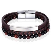 Heren armband Memphis Tijgeroog kraal gevlochten leer Zilverkleurig Bruin - 21cm