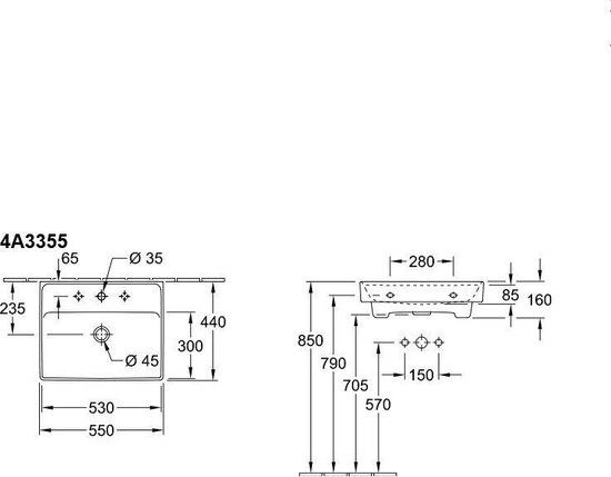 Lavabo 550x440 mm, avec trop-plein, trou de robinetterie, CeramicPlus, blanc alpin