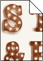 Proefstaal ESTAhome behangpapier houten licht letters sepia bruin en lichtbeige - 138850 - 26,5 x 21 cm