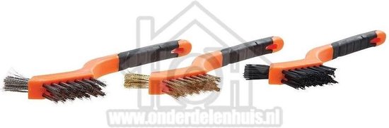 Drie borstels met oranje en zwarte handgrepen: staal, messing en nylon. Watermerk zichtbaar.