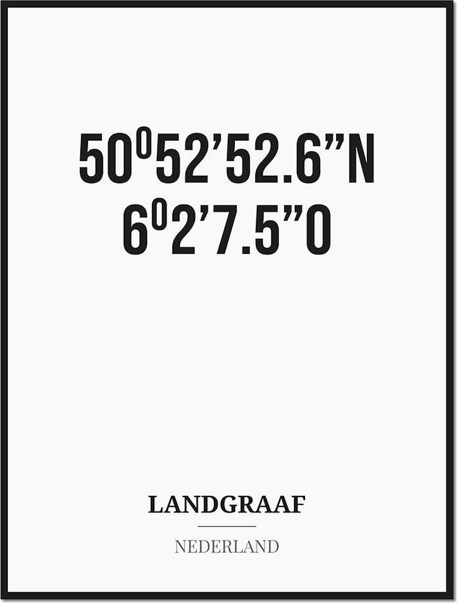 Studio216 Poster/kaart LANDGRAAF met coördinaten zwart, wit