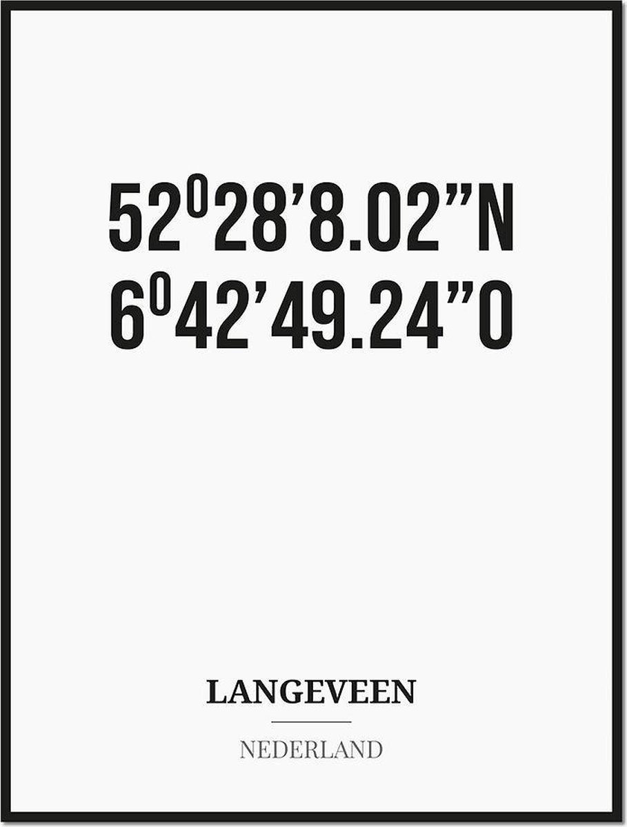 Studio216 Poster/kaart LANGEVEEN met coördinaten zwart, wit