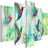Schilderijen Op Canvas - Schilderij - Colourful Hummingbirds (5 Parts) Wide Green 100x50 - Artgeist Schilderij