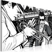 Schilderijen Op Canvas - Schilderij - Jazzconcert op de achtergrond van wolkenkrabbers van New York 120x80 - Artgeist Schilderij