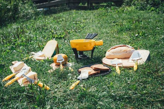 Kaasfondue set op gras; kaas, brood en kaasschaven met gele handvatten.