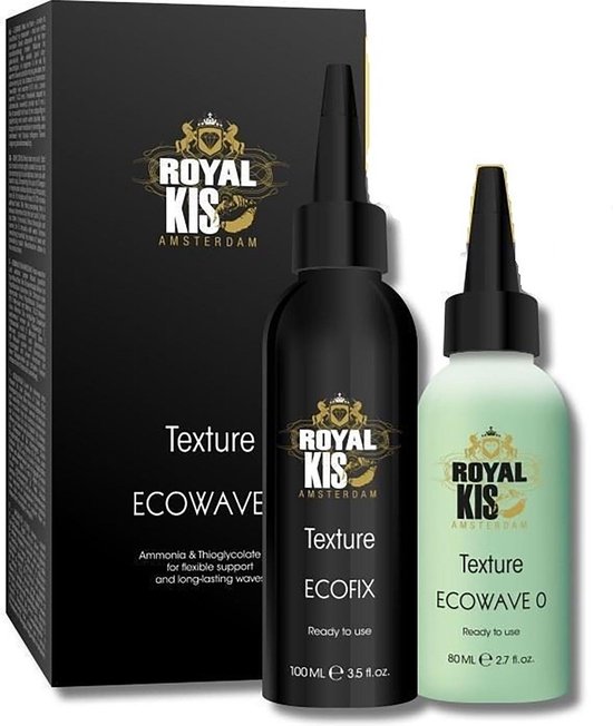Twee flessen en een zwarte doos van Royal KIS Amsterdam ECO WAVE 0 en ECOFIX.