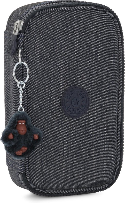 Donkerblauwe denim etui met rits, Kipling logo en een apenhanger.