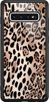 Samsung S10 hoesje glass - Luipaard print bruin | Samsung Galaxy S10 case | Hardcase backcover zwart