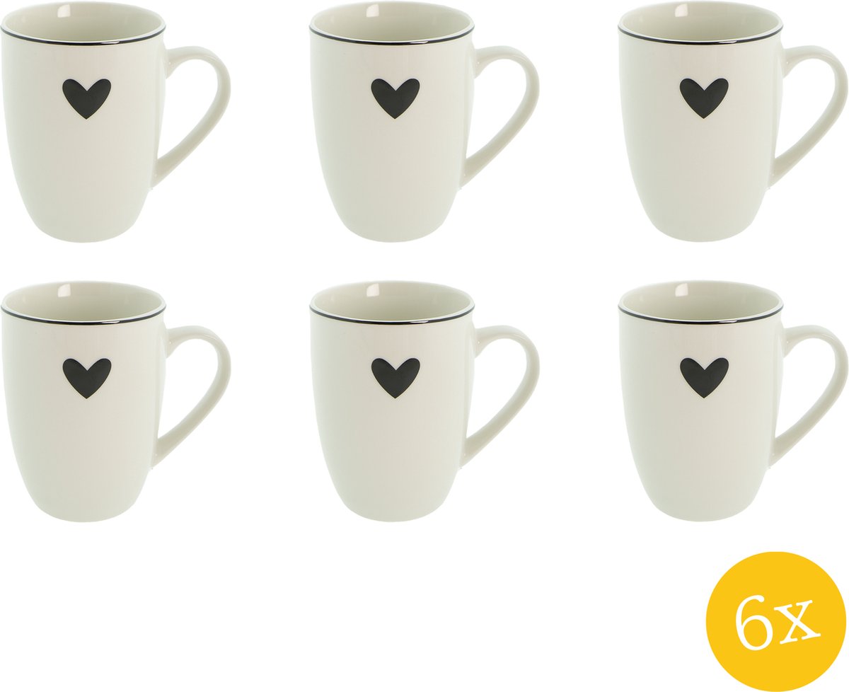 Clayre & Eef Mok set van 6 stuks 350 ml Wit Zwart Porselein Hart Theemok