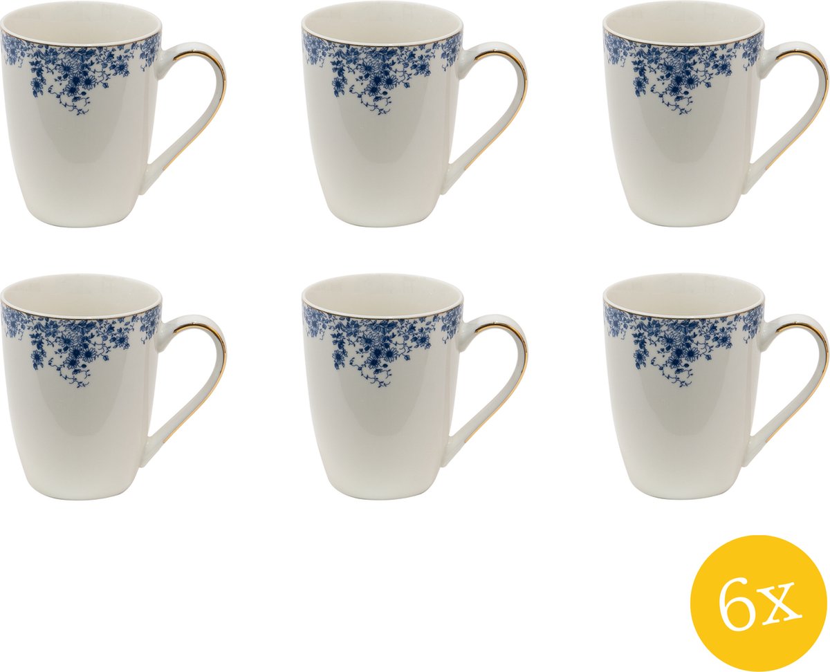 Clayre & Eef Mok set van 6 stuks 330 ml Blauw Porselein Bloemen Theemok