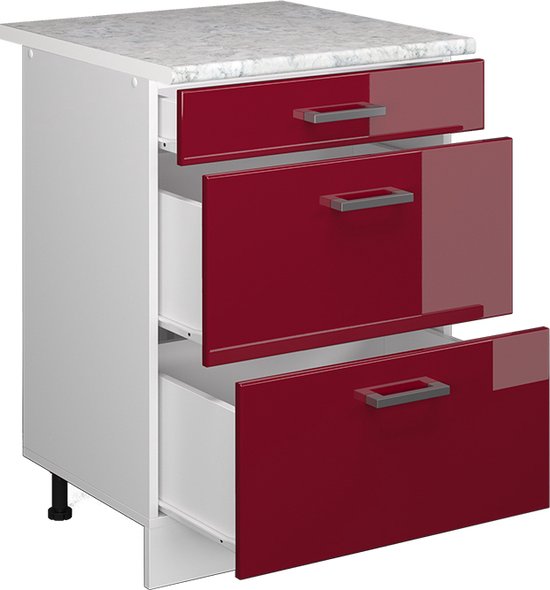 Vicco Élément bas universel R- Line, Rouge bordeaux brillant/ Wit, 60 cm avec tiroirs