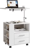 Table de chevet blanche avec deux tiroirs et étagères ouvertes, avec un ordinateur portable sur le plateau réglable.