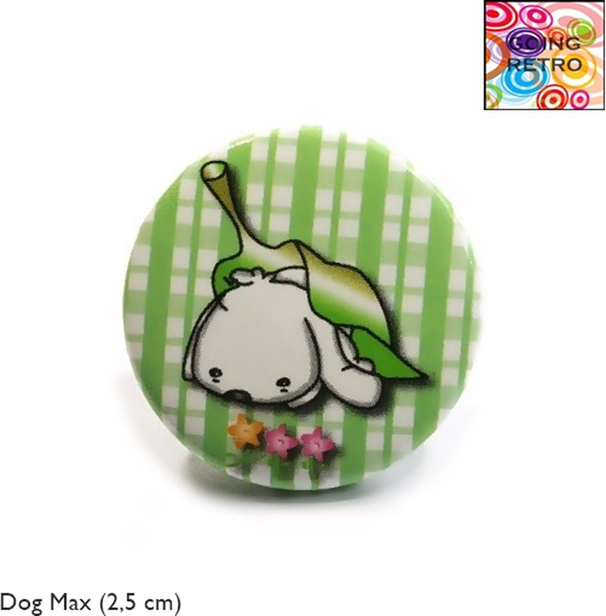 Going Retro® - Trendy Button Brôche - (76) Dog Max Wit Zwart Big Leaf Groen Bloemen Roze Geel – Folklore Ruit Groen Wit – ca. 2,5 cm – Volwassenen Jeugd Kinderen – Unisex – Casual - Thema Feest