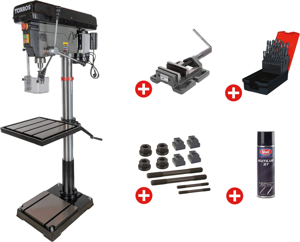Professionele kolomboormachine boren tot ø 30 mm MK3 1,5 kW 230V + boorklem set spanbouten set boren 1-13 mm spuitbus Torros DF30M PACK