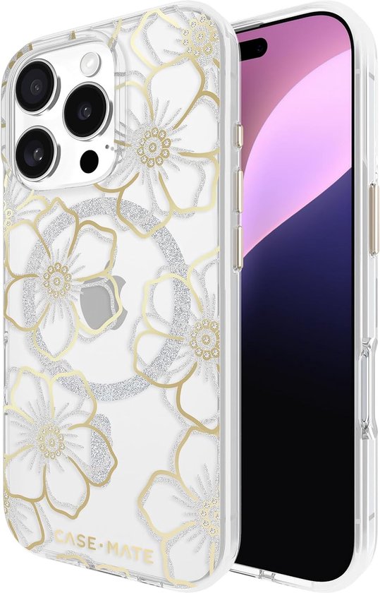 Doorzichtige hoes met gouden en zilveren glitter bloemenprint op een iPhone.
