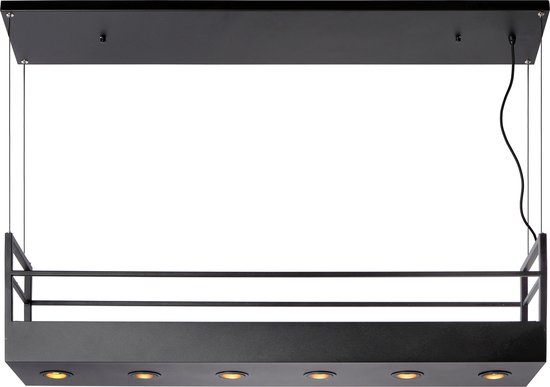 Zwarte hanglamp met een rechthoekige basis en een open frame met spijlen erboven.