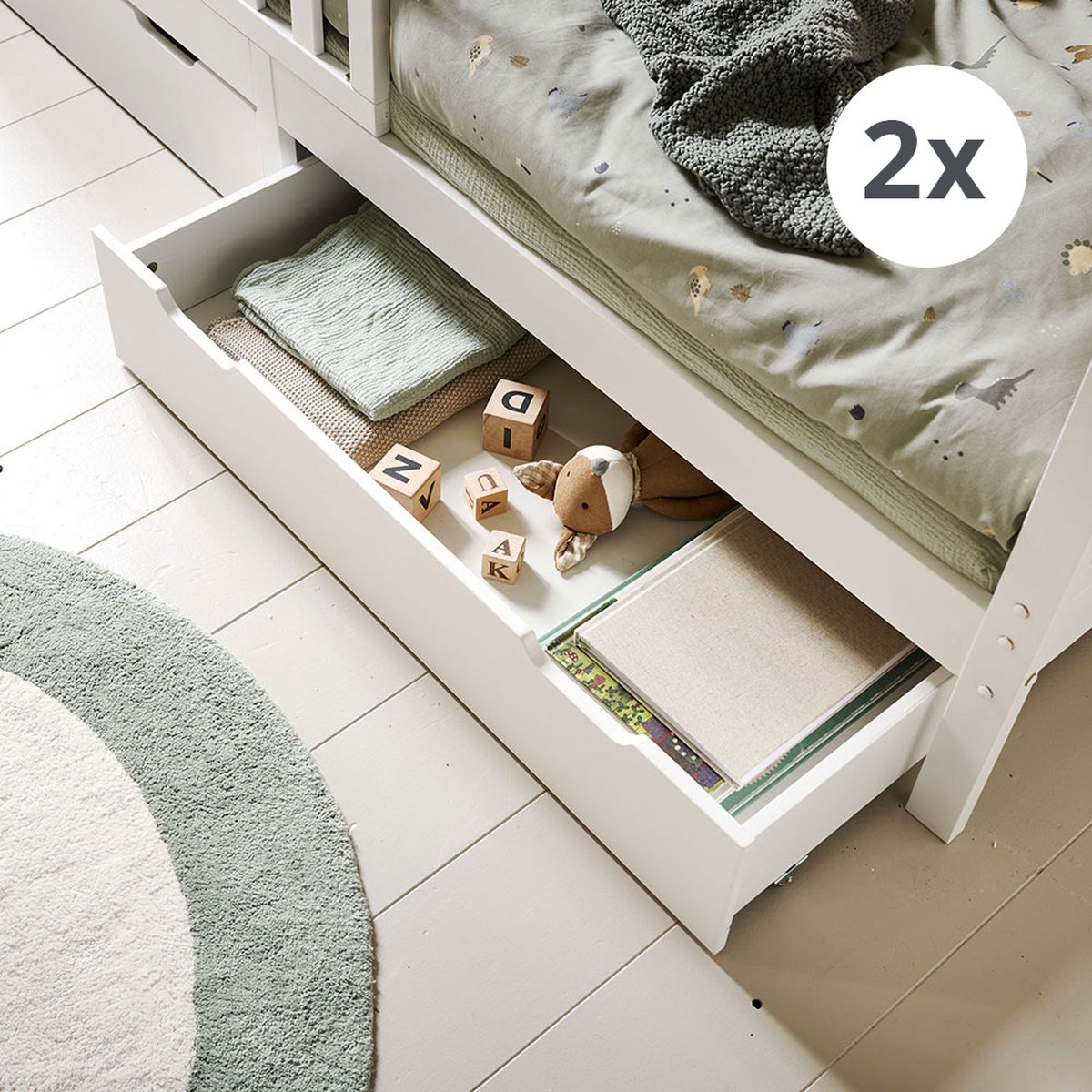 Petite Amélie Opberglades op Wieltjes 'Maison' 200x90 cm - Wit - Set van Twee - Perfect voor Onder het Maison Kinderbed 200x90 cm - Extra Opbergruimte voor Speelgoed, Kleding of Beddengoed - Houdt de Kamer Netjes en Rommelvrij