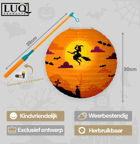 LUQ - Heks - Halloween - Lampion - Met Lichtje - Lampionstokje - Treklampion - Papier - Sint Maarten - Kind - 1 Stuk — afbeelding 2