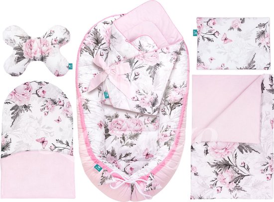 Foto: Lantigo babynest 100 katoen 6 delig set voor pasgeborenen incl kussen babydeken en ergonomisch babykussen pink flowers pink