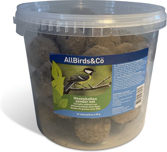 Transparante emmer met AllBirds&Co Mezenbollen Zonder Net, 35 stuks.