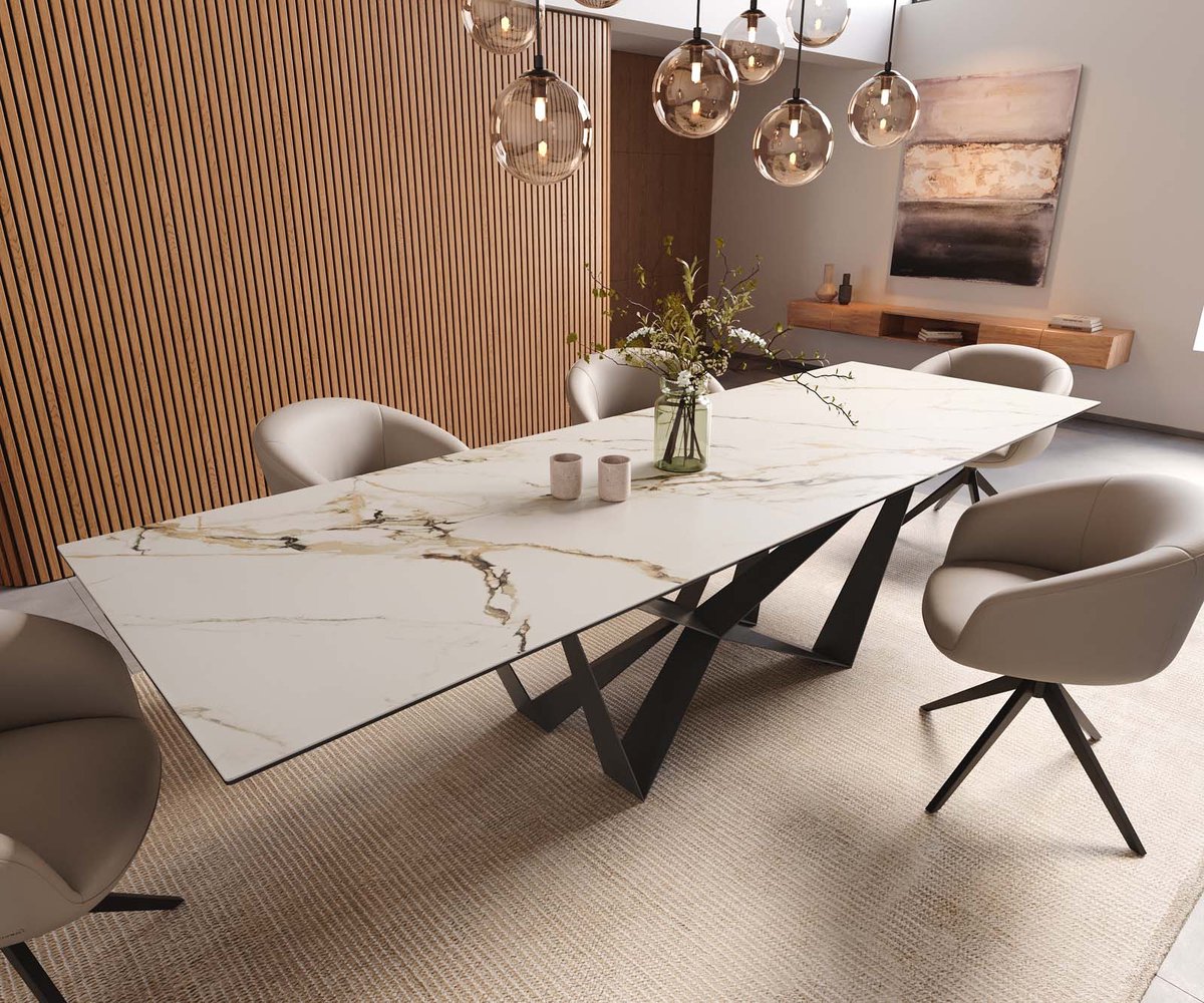 DELIFE Eetkamertafel Edge keramiek Calacatta Luxe wit-goud-grijs 300x100 spider vlak staal zwart Weiß-Gold-Grau
