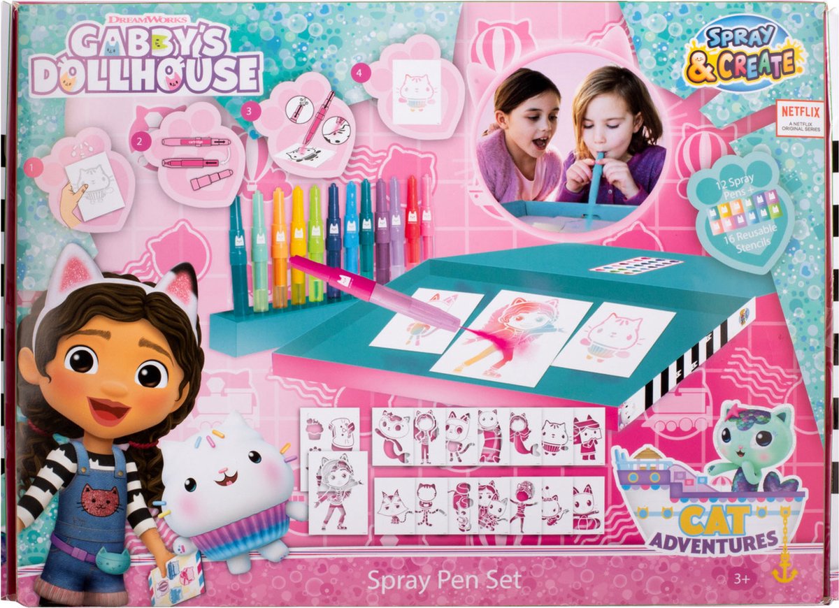 Canenco Gabby's Dollhouse Spray Pen Set Desktop Box (GD23368) Kleurstiften voor Kinderen Tekenset met Gekleurde Blaas Pennen en Tekensjablonen