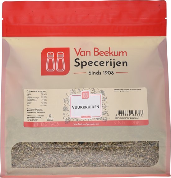 Gedroogde vuurkruiden in een hersluitbare zak van Van Beekum Specerijen, met voedingswaarde informatie.