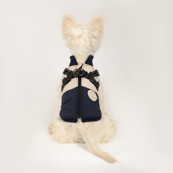 West Highland White Terrier met een omkeerbare hondentrui in marineblauw en beige met rits.