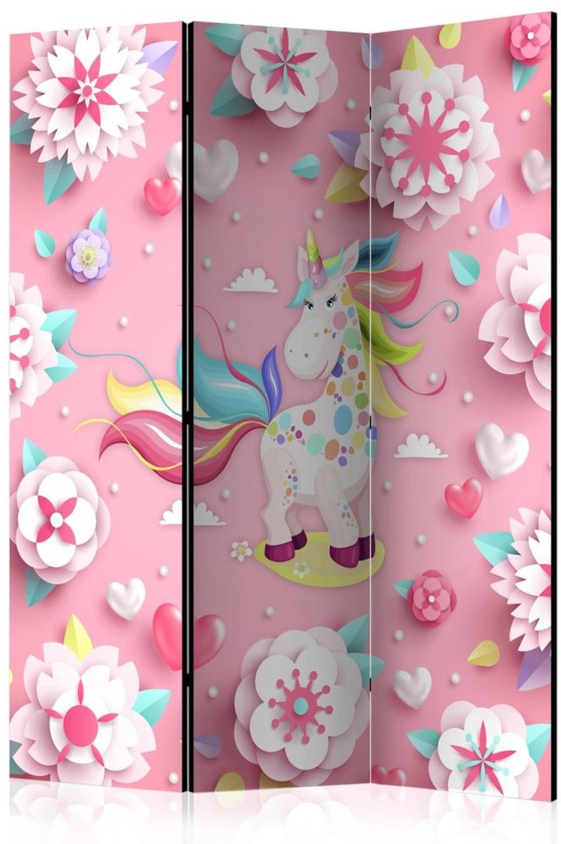 Vouwscherm / Kamerscherm - Eenhoorn en een bed van bloemen, kinderkamer 135x172cm, gemonteerd geleverd, dubbelzijdig geprint