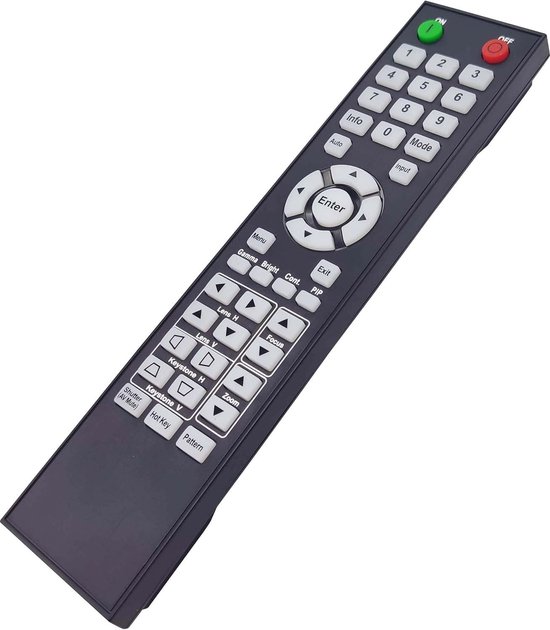 Télécommande de projecteur noire avec bouton VERT ON et bouton ROUGE OFF sur le dessus.