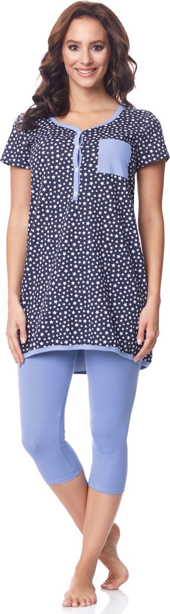 BeMammy Dames Zwangerschapspyjama - Korte mouwen - Korte broek met borstvoedingsfunctie - Katoen - BE-BE20-177-PJ - Marine-Sterren-Blauw - S