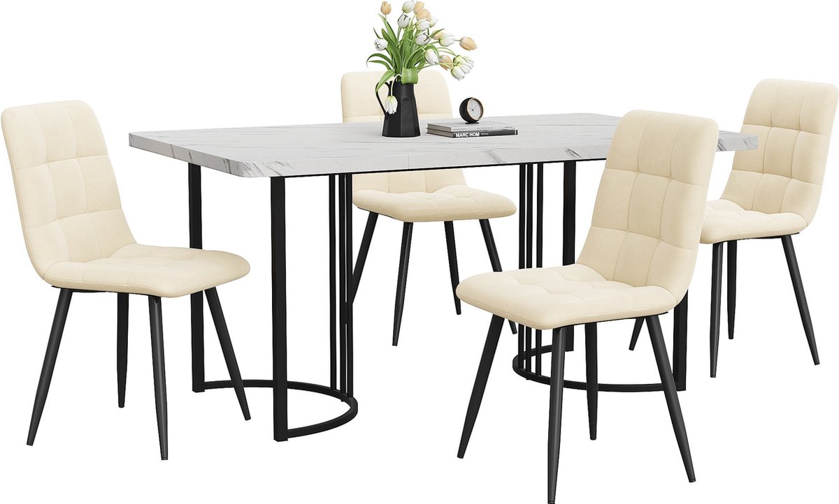 Merax Eethoek Set (5-delig) - 140x80 cm Eettafel met 4 Beige Fluwelen Stoelen - Moderne Tafel met Wit MDF Blad en Zwarte Metalen Poten