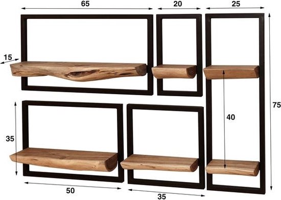 Afmetingen van een set van 5 naturel acaciahouten wandplanken met zwarte metalen frames.