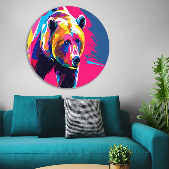 Assiette murale ours - Cercle mural Animaux - Tableau Formes géométriques - Décoration murale moderne - Tableau Dibond - Décoration chambre cercle mural aluminium 80x80 cm