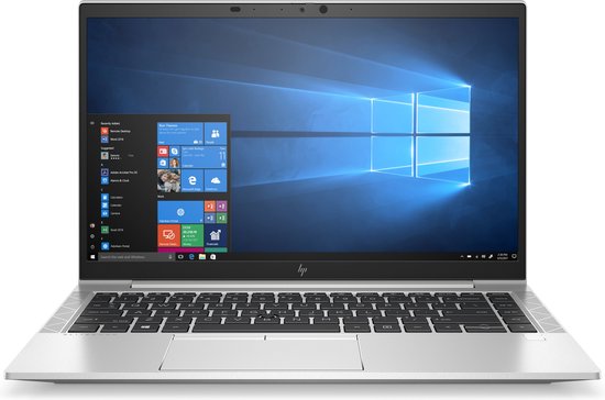 Zilveren HP EliteBook 840 G7 laptop met verlicht toetsenbord en Windows 10 startscherm.
